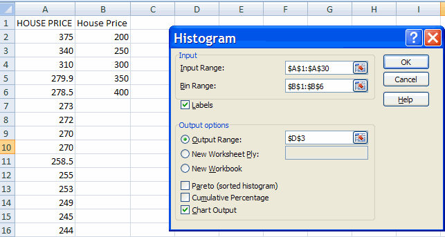 Histogram dialog with bins