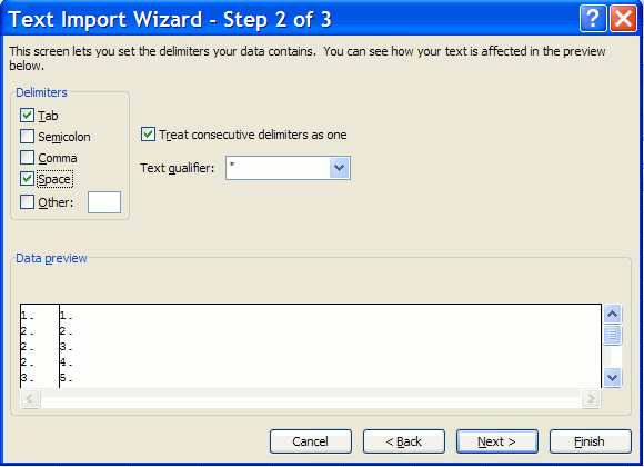 text Import wizard step 2